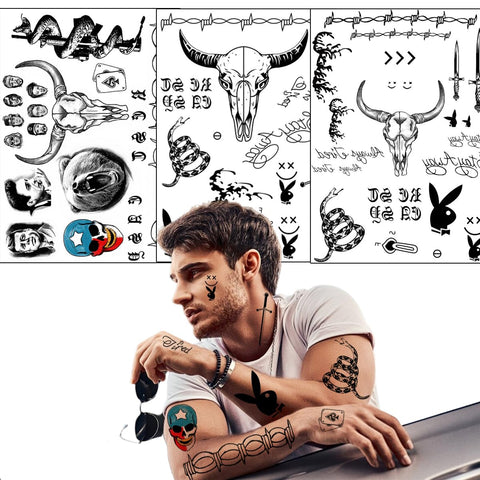 Halloween Temporary Face Tattoos Stickers Line Art Small Black Fake Tattoo Body Face Makeup Tattoos Set Halloween Cosplay Abstract False Tattoos Arm Hand Neck Tattoos for Women Men Teen 3-Sheet