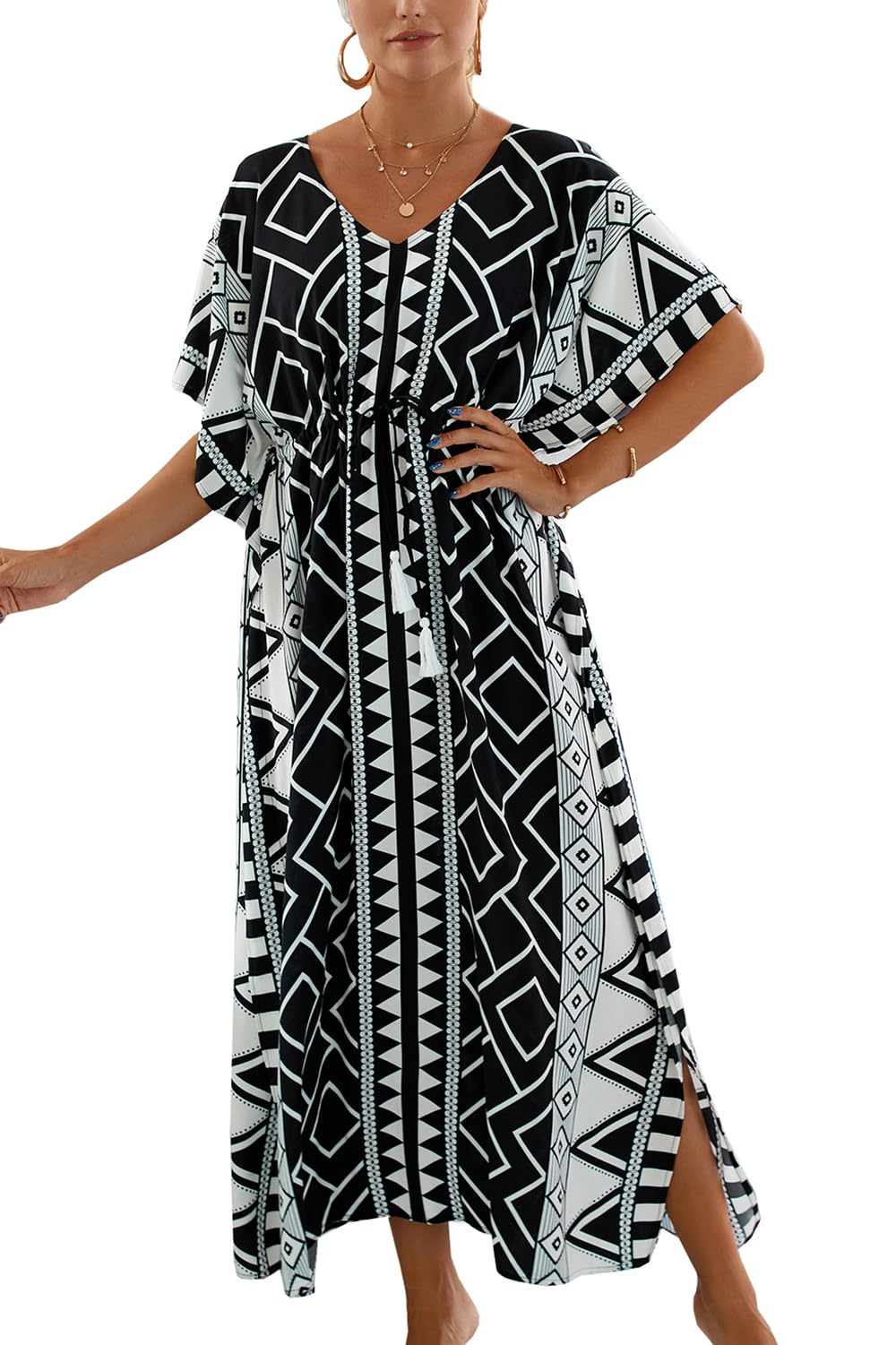 YouKD Maxi Dress V-Neck Kaftan Boho Beach Bikini Cover Up Robe Plus Size Loungewear for Women