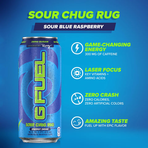 G Fuel Chug Rug Energy Drink, Sugar Free, Healthy Drinks, Zero Calorie, 300 mg Caffeine per Carbonated Can, Sour Blue Flavor, Focus Amino, Vitamin + Antioxidants Blend - 12 Pack