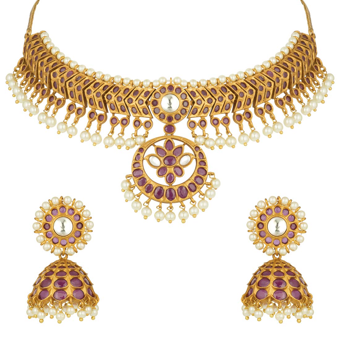 Aheli South Indian Traditional CZ Designer Necklace Earrings Bollywood Ethnic Wedding Jewelry Set for Women Girls Red Round