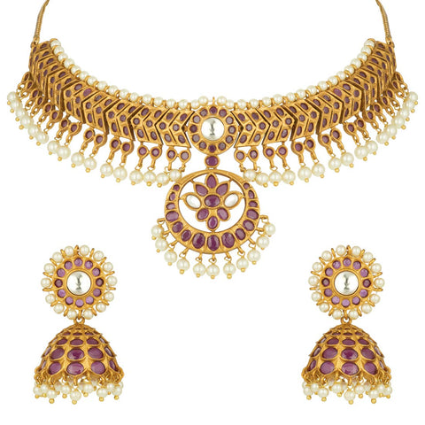 Aheli South Indian Traditional CZ Designer Necklace Earrings Bollywood Ethnic Wedding Jewelry Set for Women Girls Red Round