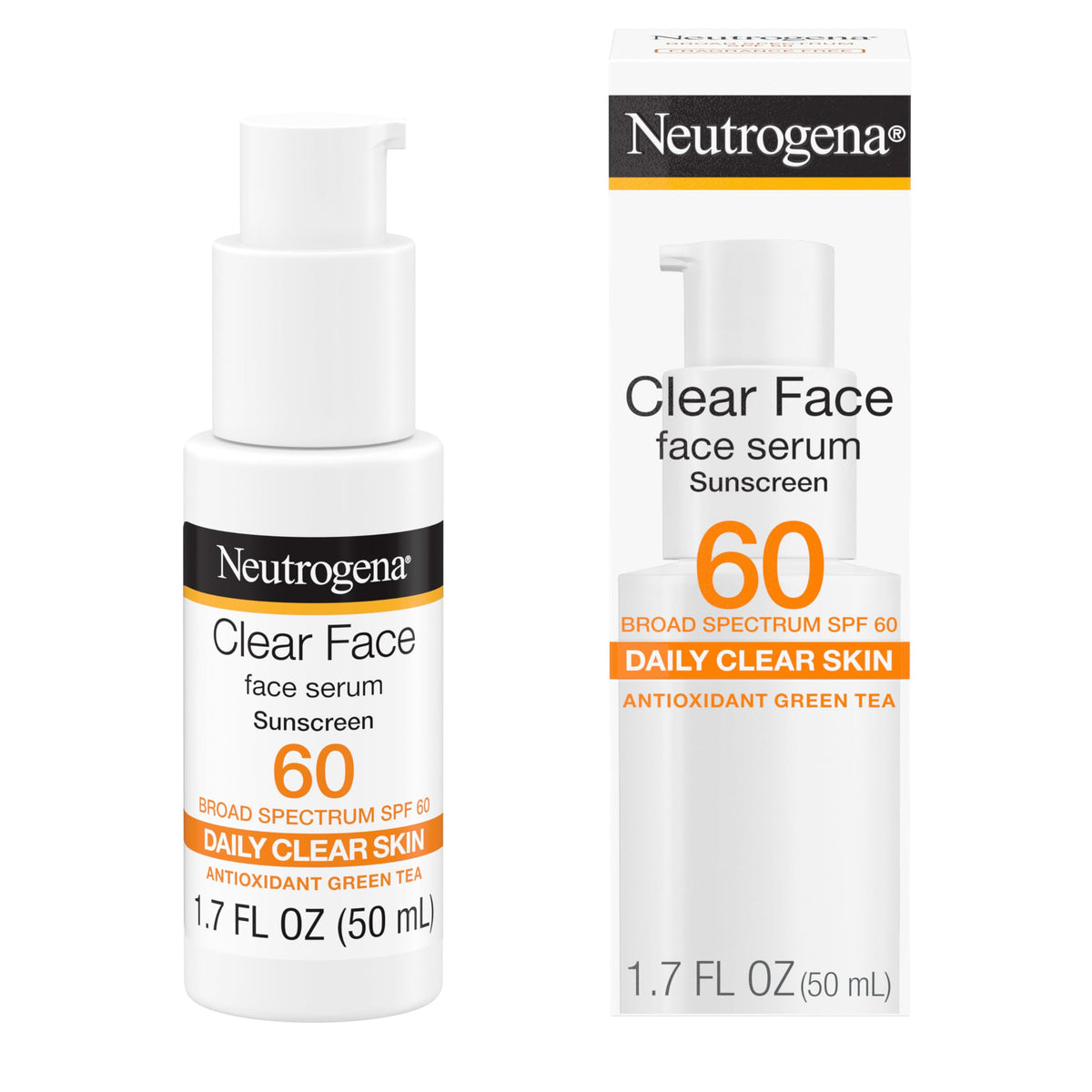 Neutrogena Clear Face Serum Sunscreen with Green Tea, Broad Spectrum SPF 60+, Non-Comedogenic Face Sunscreen for Lightweight UVA/UVB Protection, Oxybenzone- & Fragrance-Free, 1.7 fl. oz