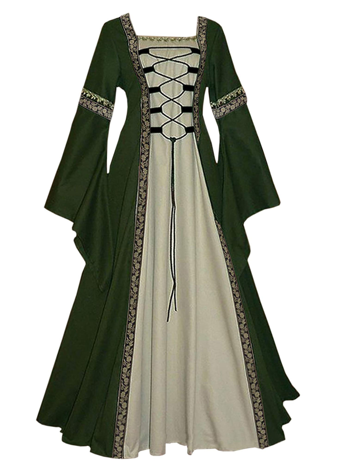 Feynman Medieval Costume Women - Retro Medieval Dress Gothic Palace Ladies Trumpet Sleeves Party Renaissance Costume Green
