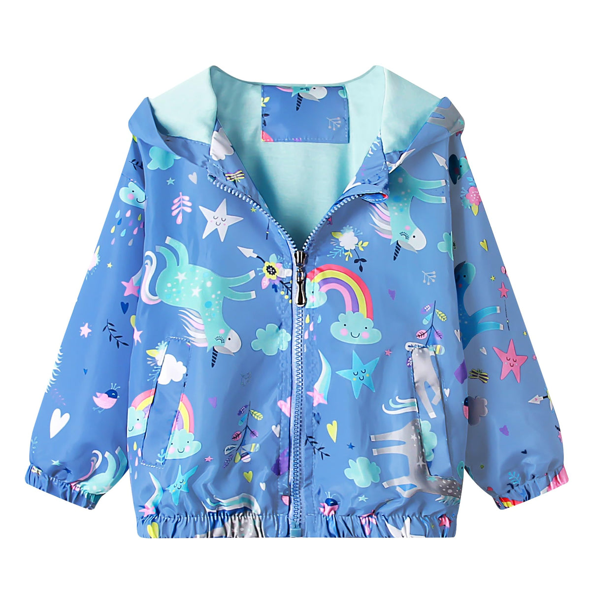 JinBei Kids Jacket Hooded Coat Windbreaker Zip Long Sleeve Cloak Windproof Jackets Soft Light Thin Outwear Jacket for Girls Age 6-7 Years, Blue Horse Rainbow Print