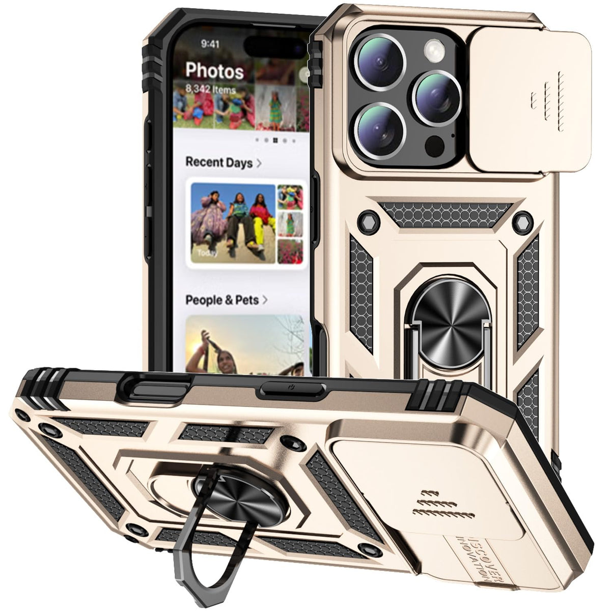 A-BEAUTY Compatible with iPhone 16 Pro Case, with Camera Cover Slider, Ring Stand Holder, Military Grade Shockproof Heavy Duty Phone Cover for iPhone 16 Pro 6.3 Inch, Gold