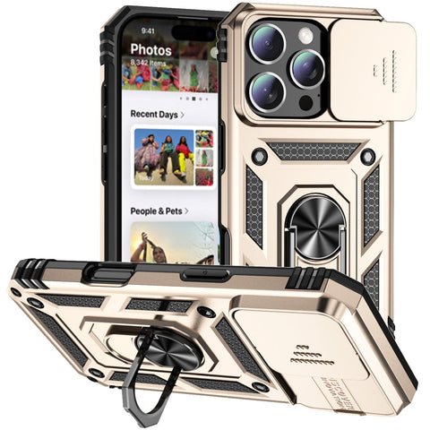 A-BEAUTY Compatible with iPhone 16 Pro Case, with Camera Cover Slider, Ring Stand Holder, Military Grade Shockproof Heavy Duty Phone Cover for iPhone 16 Pro 6.3 Inch, Gold