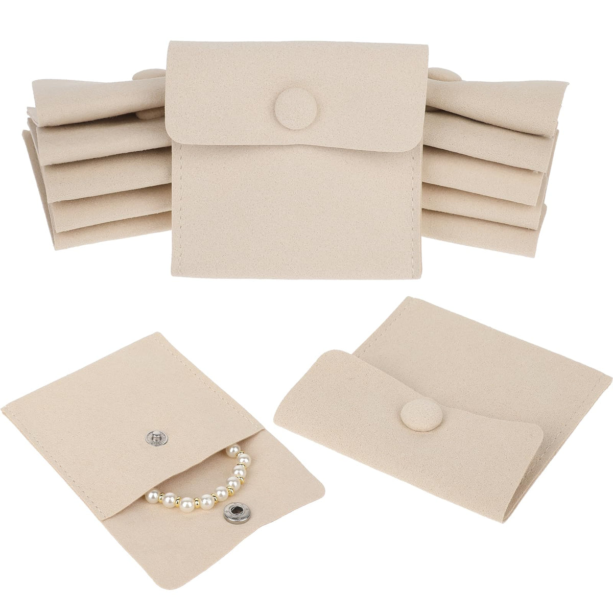 Molain Travel Jewelry Bags, 12Pcs Microfiber Jewelry Bags Mini Portable Jewelry Pouch Snap Button Pockets Storage Bag Organizer Case for Women Girl Gift(Beige)