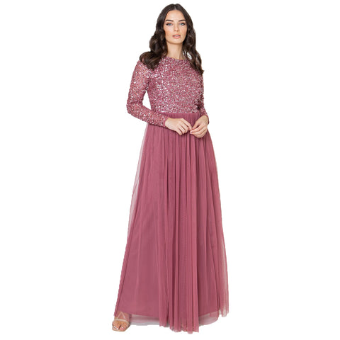 Maya Deluxe Women's Maya Embellished Long Sleeve Maxi Dress Bridesmaid, Desert Rose, 10