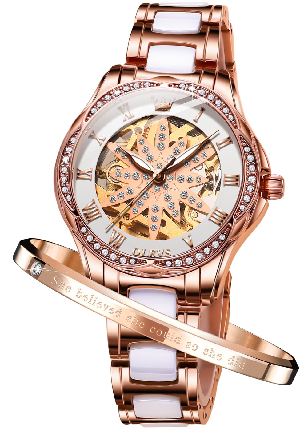 OLEVS Women's Rose Gold Automatic Watches Skeleton Mechanical Self Winding Ladies Elegant Luxury Dress Butterfly Diamond White Ceramic Band Watch Gift