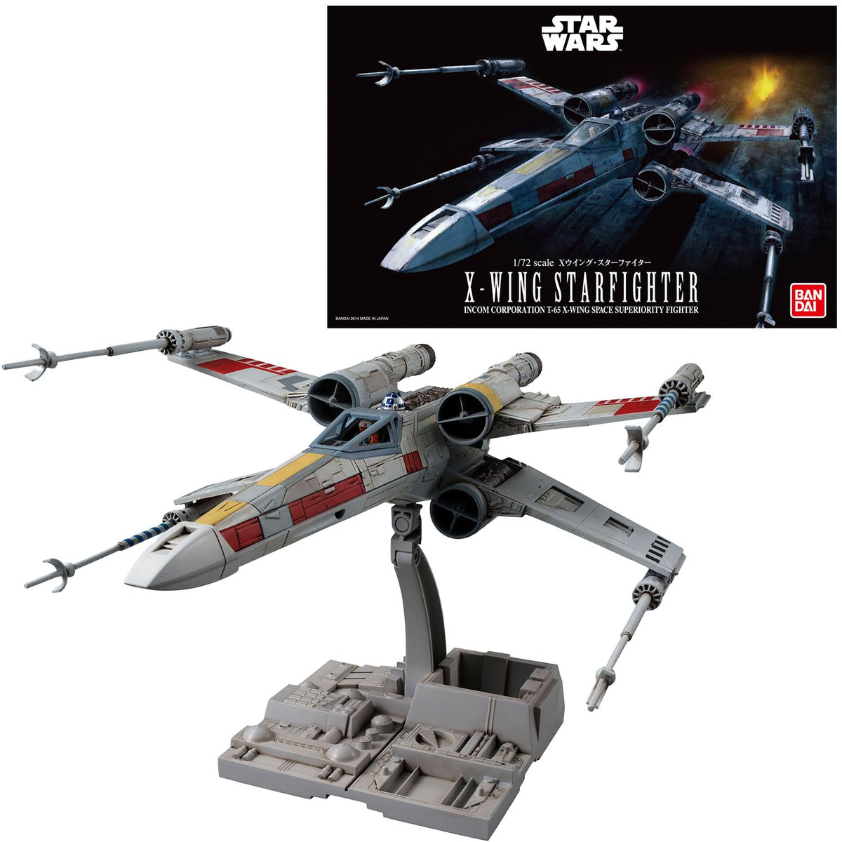 Revell (Bandai Original) 01200 Star Wars X-Wing Starfighter (Luke Skywalker) 1:72 Scale Unbuilt/Pre-Coloured/Clip-Together (Non-Glue) Plastic Model Kit with Display Base, Grey/Red