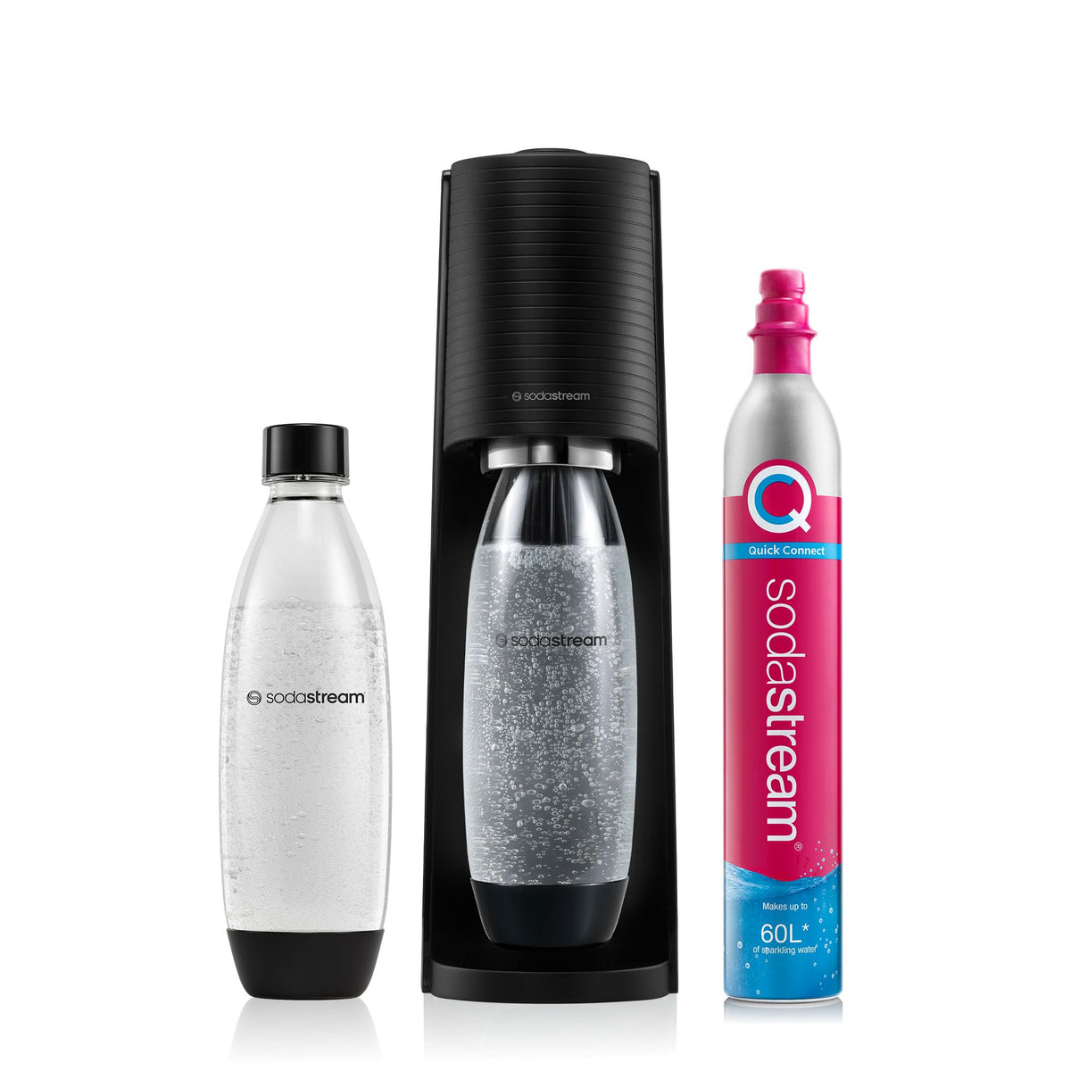 SodaStream Terra Sparkling Water Maker Machine, with 1 Litre Reusable BPA-Free Water Bottle for Carbonating & 60 Litre Quick Connect CO2 Gas Cylinder - Black
