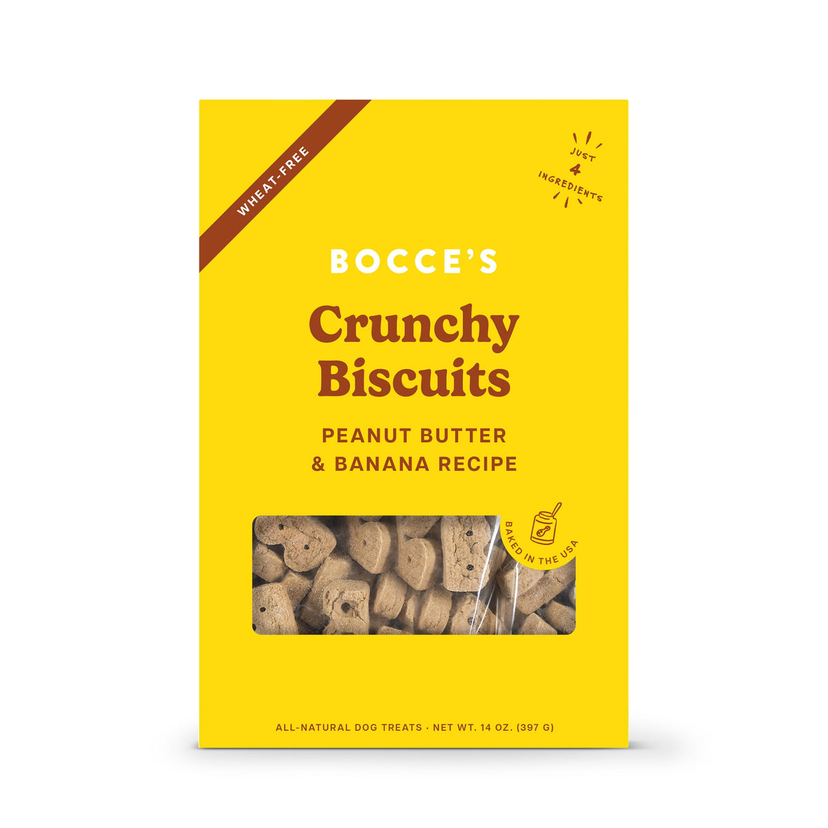 Bocce's Bakery Oven Baked PB & Banana Recipe Treats for Dogs, Wheat-Free Dog Treats, Made with Real Ingredients, Baked in The USA, All-Natural Peanut Butter & Banana Biscuits, 14 oz