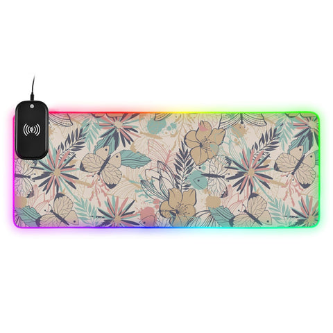 Butterfly Flowers Wireless Charging Mouse Pad for Mobile Phone Extra Large Gaming Mousepad with 13 Lighting Modes Keyboard Mat for Gaming MacBook PC Laptop Desk Office Home