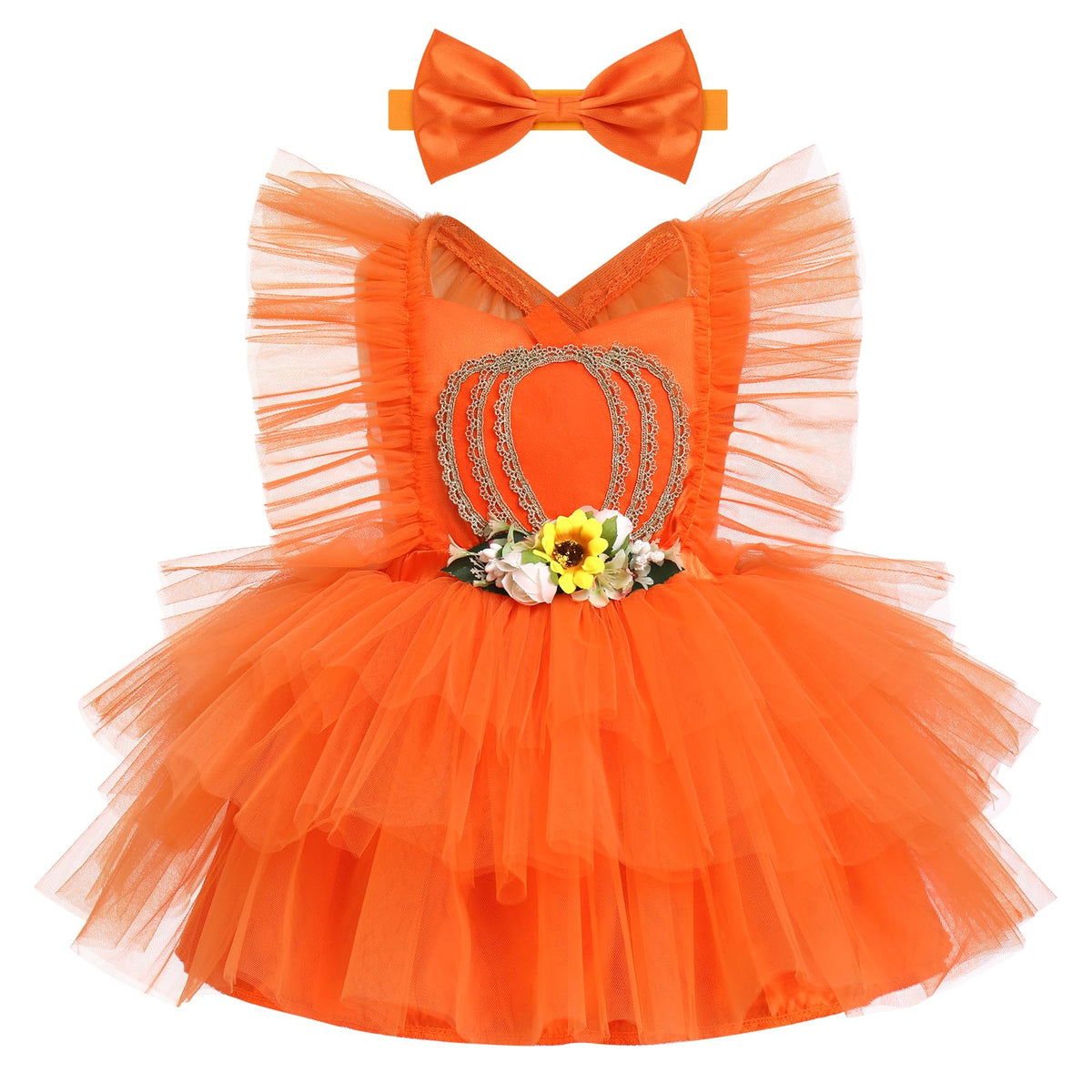 IDOPIP Pumpkin Tutu Dress for Baby Girls 1st Halloween Outfit Flower Princess Birthday Party Dresses Toddler Girl First Halloween Pageant Tulle Dress up Costume + Headband Orange Pumpkin 2-3 Years