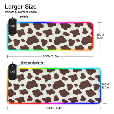 Brown White Cow Textures Wireless Charging Mouse Pad for Mobile Phone Extra Large Gaming Mousepad with 13 Lighting Modes Extended Desk Mat for Gaming MacBook PC Laptop Desk Office Home