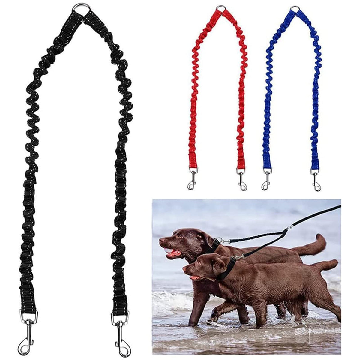 Bungee Double Dog Lead No Tangle Two 2 Dog Leash Coupler, For Walking Puppy, Small, Medium, Large dog, Adjustable 19.6 to 31.4 Inches (Black)