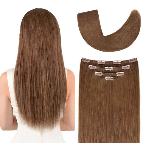 14" Hair Extensions clip in Human Hair for Women - Silky Straight Remy Hairpieces Clip on 50grams 4pieces Ash Brown Color