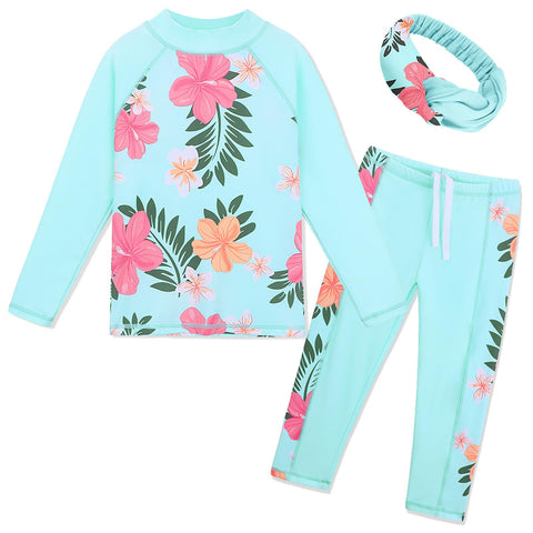 BAOHULU Girls Long Sleeve Swimsuit 3 Piece Bathing Suit UPF 50+UV Protective Beach Swimwear with Headband HS247_CyanFlower_14A