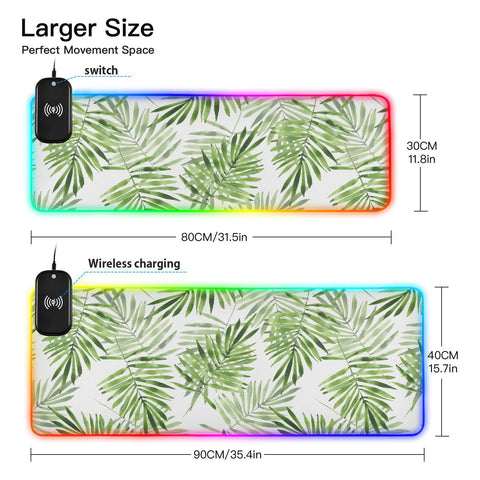 Green Leaves Wireless Charging Mouse Pad for Mobile Phone Extra Large Gaming Mousepad with 13 Lighting Modes Keyboard Mat for Office Home Gaming MacBook PC Laptop