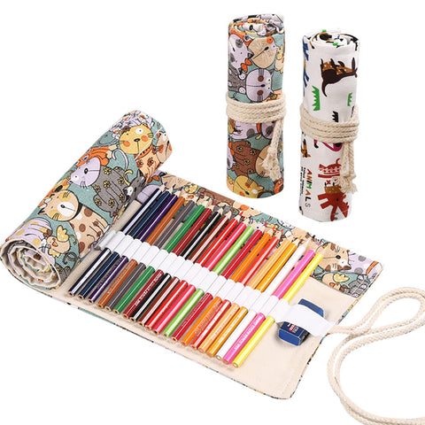 Canvas Pencil Wrap Case,RoadLoo 2 Pcs 48-Hole Canvas Roll Up Pencil Case Paint Brush Storage Organizer Portable Pencil Roll Wrap Pouch Holder Drawing Pencils Holder Pouch for School Office Art Sketch