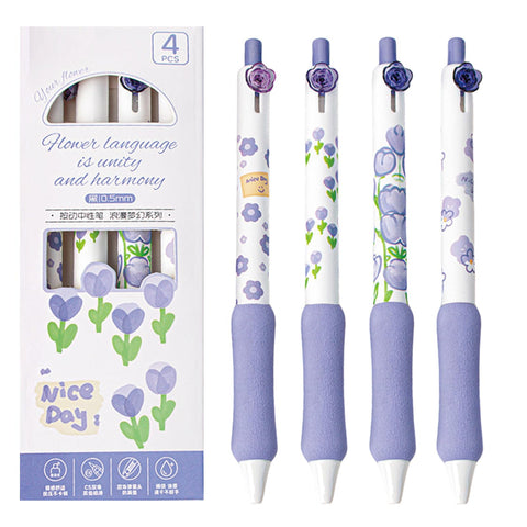 MOZXIRZ 4 Pcs Flower Retractable Pens Cute Gel Ink Pens 0.5mm Black Ink Writing Pens Women Girls Pens Aesthetic Pens Office School Pens (Purple)