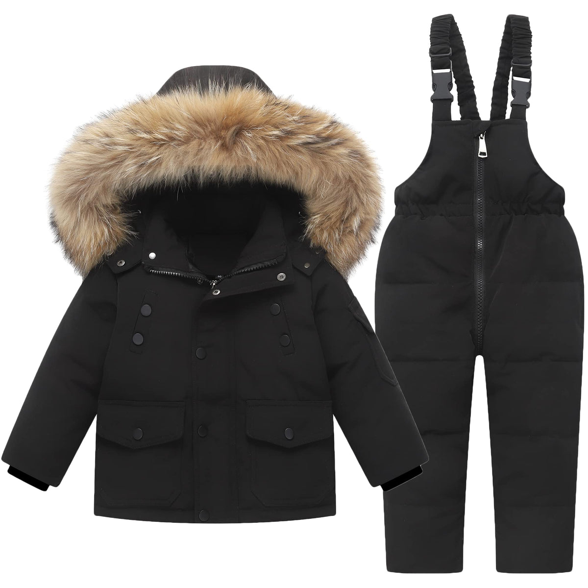 Kids Snowsuit Ski Suits Set 2-Piece Winter Outfit Set - Hooded Puffer Down Jacket and Snow Bib Pants Ultralight Skisuit Set, 3-4 Years