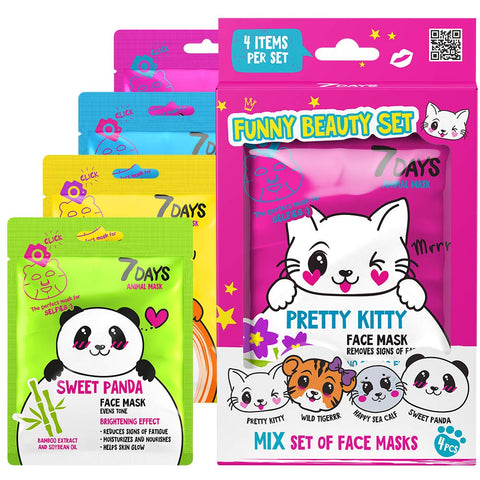 7DAYS Animal Face Masks Skincare (Set of 4) - Character Sheet Masks Set Moisturising, Hydrating - Birthday Party Gift for Women, Girls Night, Kids Face Masks Spa for All Skin Types