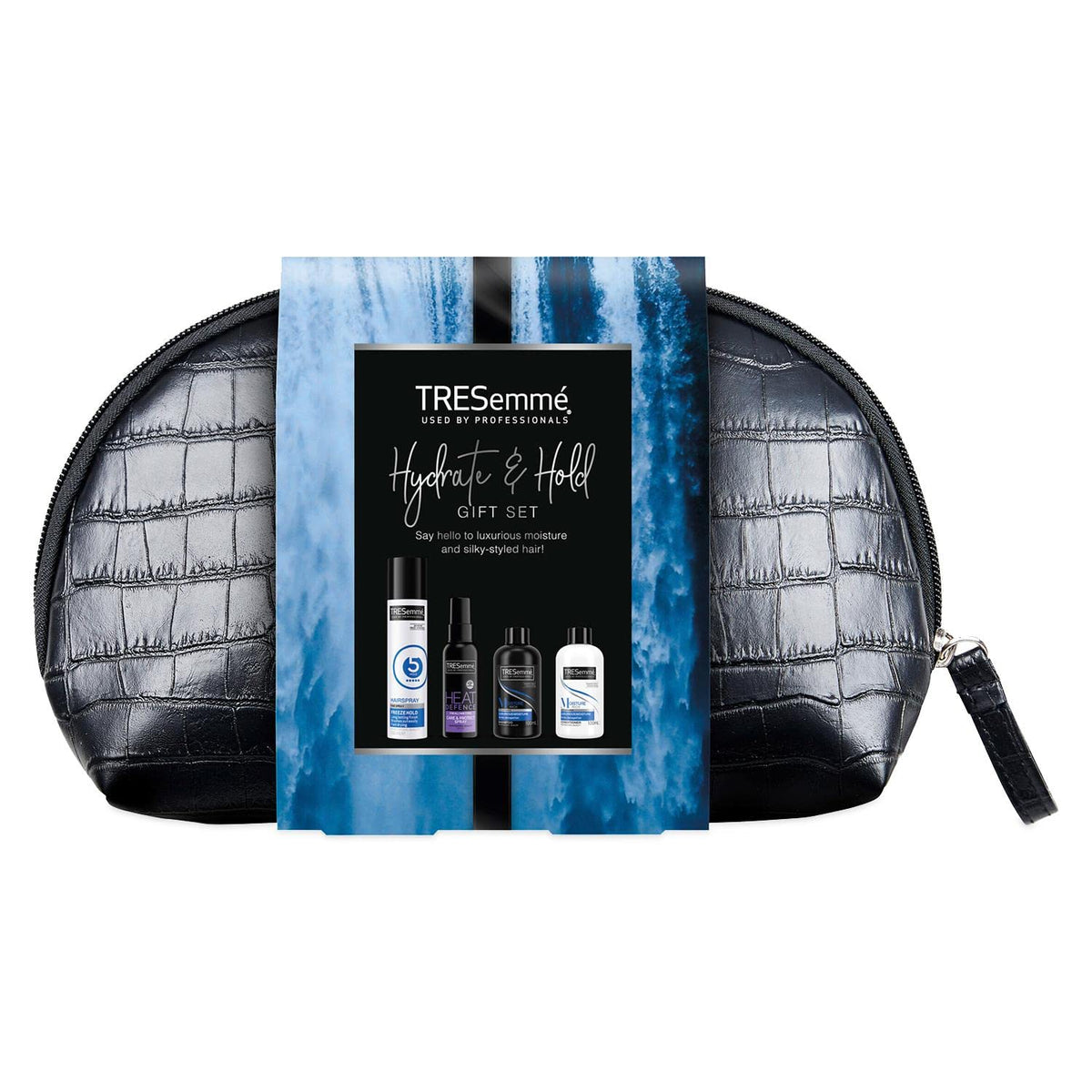 TRESemmÃ© Perfect Hair On-The-Go including Freeze Hold Hairspray with a small faux croc black wash bag Festive Gift Set for Women 4 piece