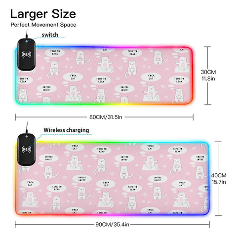 Cute Cats Wireless Charging Mouse Pad for Mobile Phone Extra Large Gaming Mousepad with 13 Lighting Modes Extended Desk Mat for Gaming MacBook PC Laptop Desk Home Office
