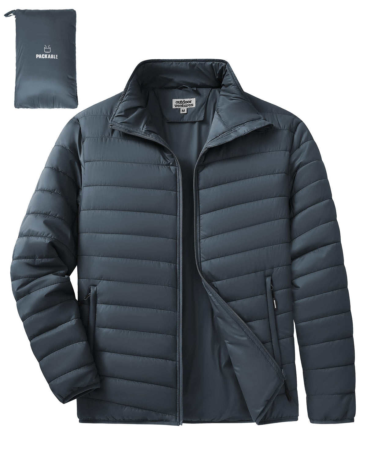 Outdoor Ventures Men's Packable Puffer Jacket Insulated Lightweight Puffy Coat Warm Portable Padded Water Resistant Jacket for Hiking Travelling Camping Dark Grey S