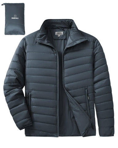 Outdoor Ventures Men's Packable Puffer Jacket Insulated Lightweight Puffy Coat Warm Portable Padded Water Resistant Jacket for Hiking Travelling Camping Dark Grey S