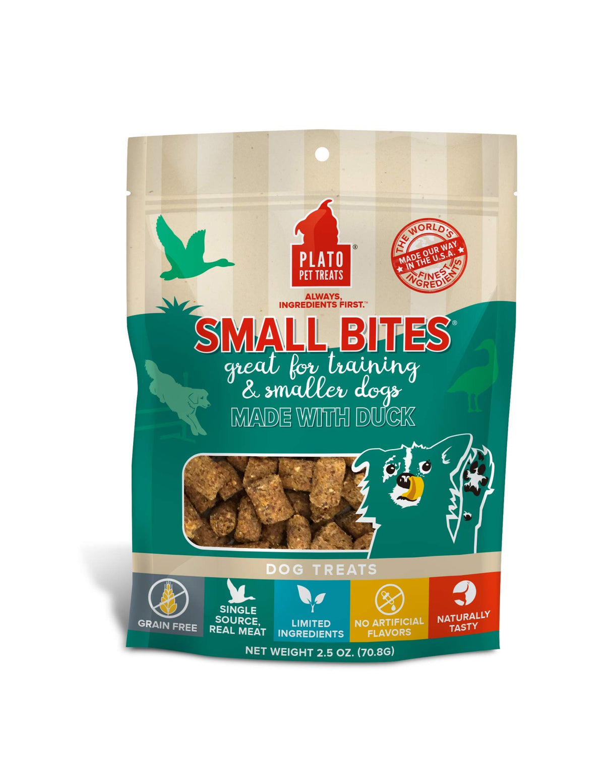 PLATO Small Bites Dog Treats, Natural Bite Sized Real Meat & Duck Flavor, Grain Free & High in Protein, Air Dried Authentic Ingredients, 2 Calories Per Treat, Made in the USA, 2.5 Ounces
