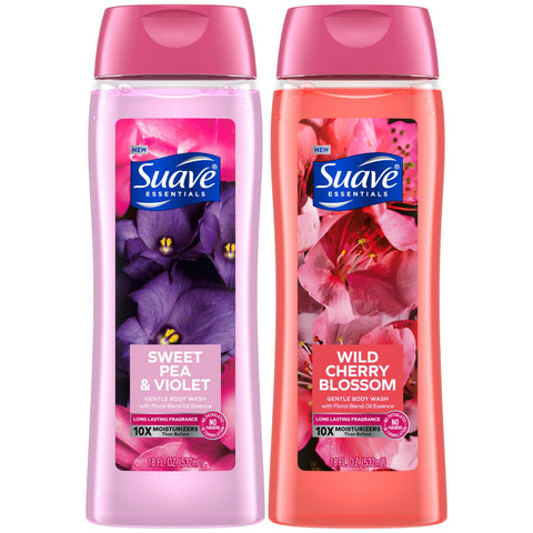 Suave Body Wash Variety 2-Pack, Sweet Pea & Violet + Wild Cherry Blossom - Gentle Body Washes with Floral Blend Oil Essence, 18 Oz Ea