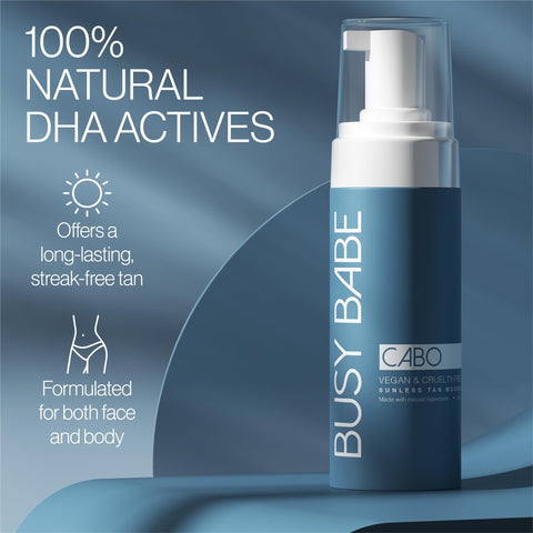 Busy Babe Cabo Rapid Fast Natural Dark Bronze Self-Tanning Mousse, Includes Application Mitt, Natural looking self tanner made for all skin types and tones! Cruelty free and vegan