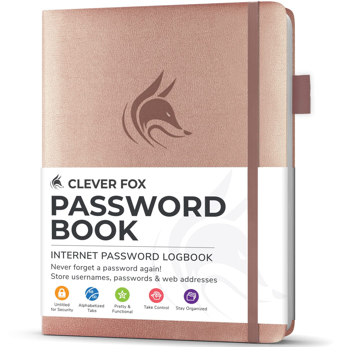 Clever Fox Password Book with alphabetical tabs. Internet Address Organizer Logbook. Small Pocket Password Keeper for Website Logins (Rose Gold)