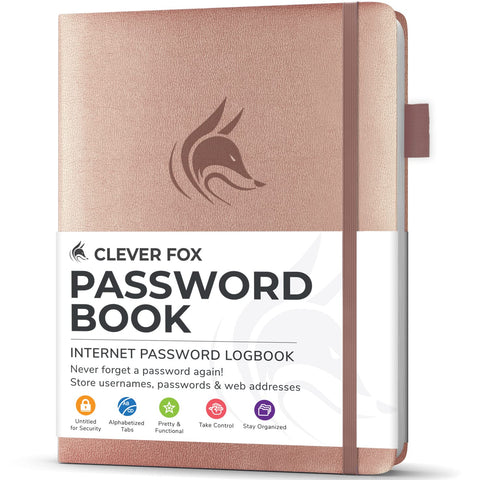 Clever Fox Password Book with alphabetical tabs. Internet Address Organizer Logbook. Small Pocket Password Keeper for Website Logins (Rose Gold)