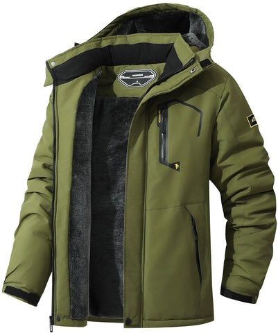 MAOYSSEN Men's Ski Jacket Warm Winter Snow Coat Waterproof Mountain Windbreaker Snowboarding Jacket Hooded for Hiking Traval, Army Green, M