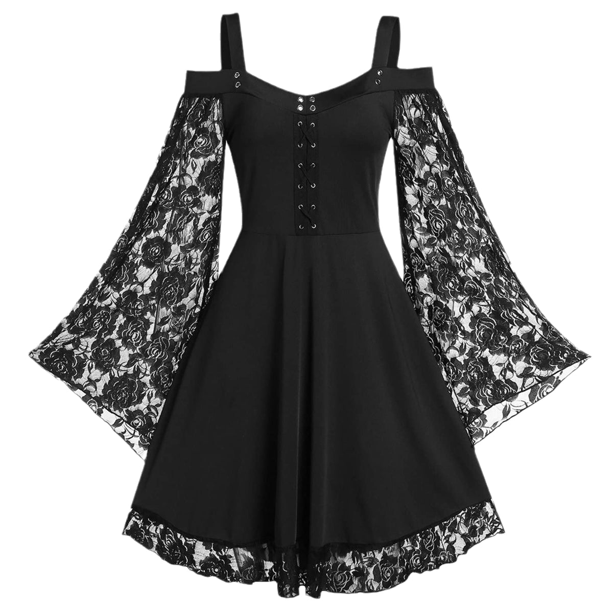 MTINDO Women's Vintage Elegant Off Shoulder Dress Eyele Hole Tie Up Lace Flared Sleeves Swing Dress Black 4XL