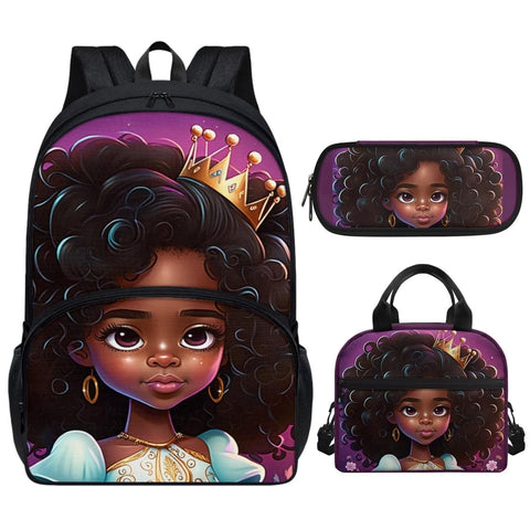 ZOUTAIRONG African American Lunch Bags for Women Black African Girls Backpack Set for Kids 10-12 Years Old School Bags Lunch Box Pencil Case Book Bag 3 in 1 Daypack