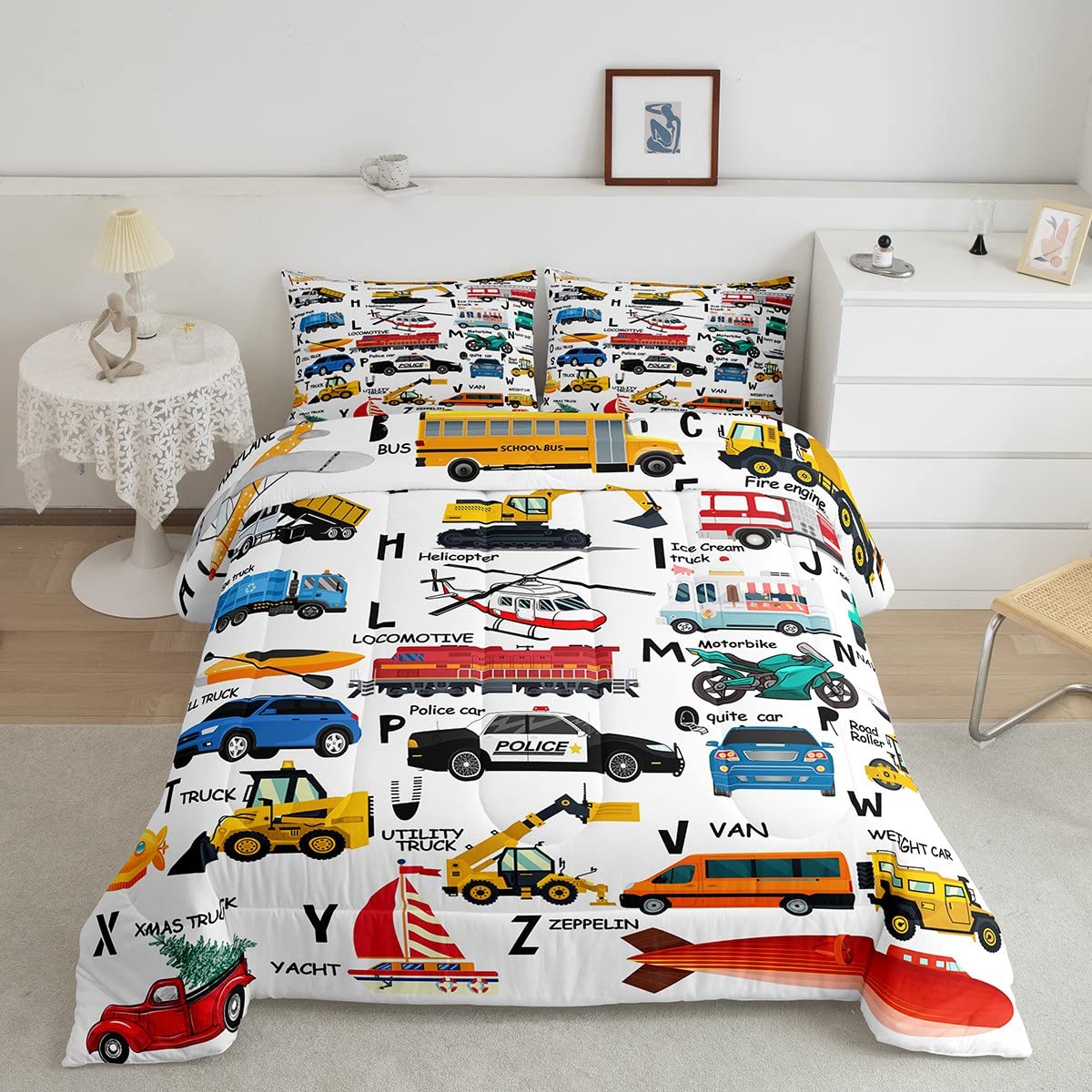 Loussiesd Excavator Kids Down Comforter Fire Truck Police Car Boys Down Comforter Set Helicopter Motorcycle Ambulance Toddler Set Alphabet Vehicle Cars Duvet Insert/Quilt 2Pcs Single