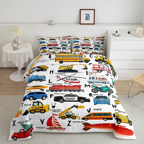 Loussiesd Excavator Kids Down Comforter Fire Truck Police Car Boys Down Comforter Set Helicopter Motorcycle Ambulance Toddler Set Alphabet Vehicle Cars Duvet Insert/Quilt 2Pcs Single