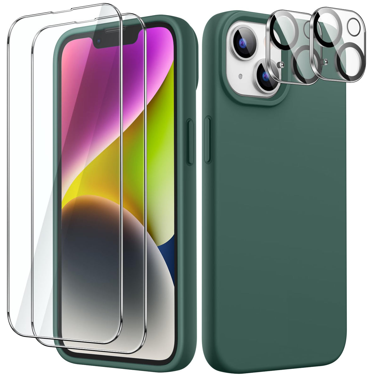 JETech 5 in 1 Silicone Case for iPhone 14 6.1-Inch, with 2-Pack Screen Protector and 2-Pack Camera Lens Protector, Full Coverage Tempered Glass Film, Shockproof Phone Cover (Midnight Green)