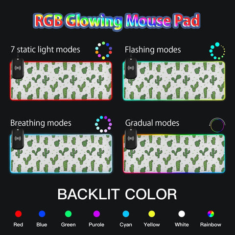Cactus Wireless Charging Mouse Pad for Mobile Phone Extra Large Gaming Mousepad with 13 Lighting Modes Computer Mat for Office Home Gaming MacBook PC Laptop Desk