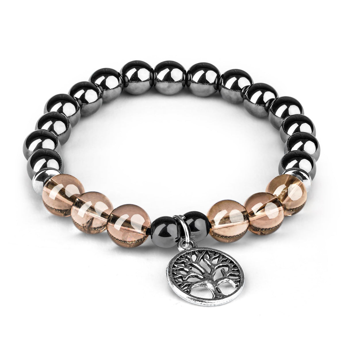 Triple Protection Crystal Bracelet, Handmade Hematite with Smokey Quartz Crystal Beads & Tree of Life Charm Bracelets for Women and Mens Positive Energy & Balance, Yoga, Chakra Healing, Crystal Gifts