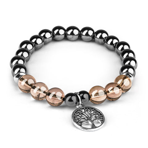 Triple Protection Crystal Bracelet, Handmade Hematite with Smokey Quartz Crystal Beads & Tree of Life Charm Bracelets for Women and Mens Positive Energy & Balance, Yoga, Chakra Healing, Crystal Gifts
