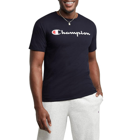 Champion, Classic Graphic, Soft and Comfortable T-Shirts for Men, Logo (Reg. or Big & Tall), Navy Script, Large
