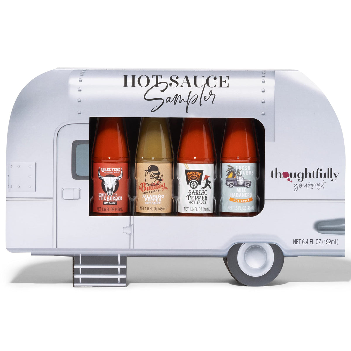 Thoughtfully Gourmet, Air Stream Foodie Finds Hot Sauce Sampler Gift Set, Flavours Include Mild Habanero, Garlic Pepper, Jalapeno Pepper and South of the Border, Set of 4 Flavourful Chilli Hot Sauces