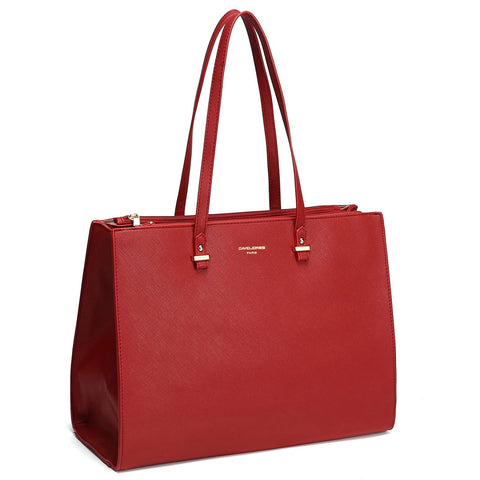 David Jones - Womens Large Size Tote Shopper Handbag - Ladies Shoulder Bag School Work Business A4 Long Handles - PU Faux Leather Top-Handle Satchel - Red