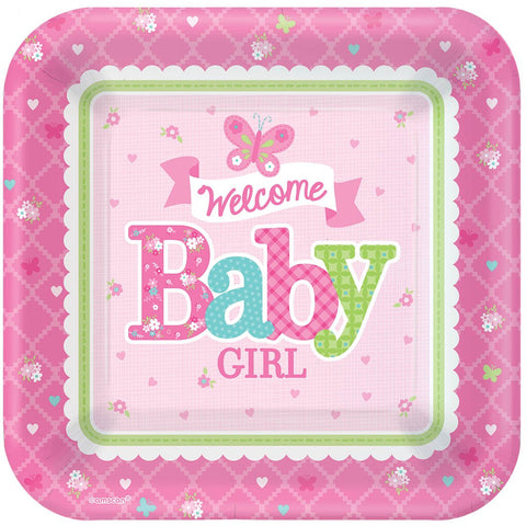 Amscan Appealing Welcome Little One Girl Square Plates Baby Shower Party Supplies, 7", Pink/White/Green/Blue