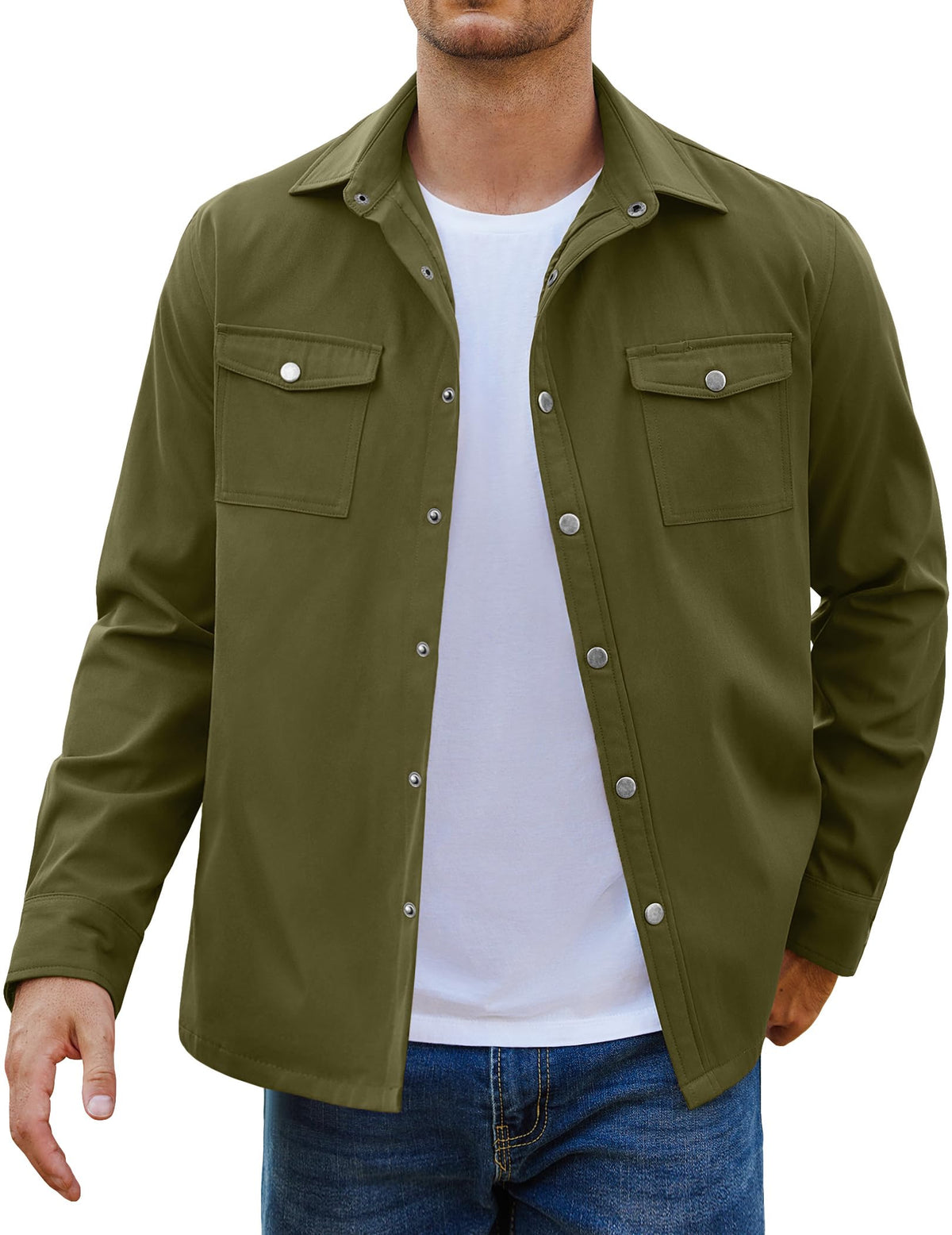 COOFANDY Mens Army Green Shirt Jacket Lightweight Work Coat Button Down Overshirt Fall Lapel Collar Shacket With Flap Pockets